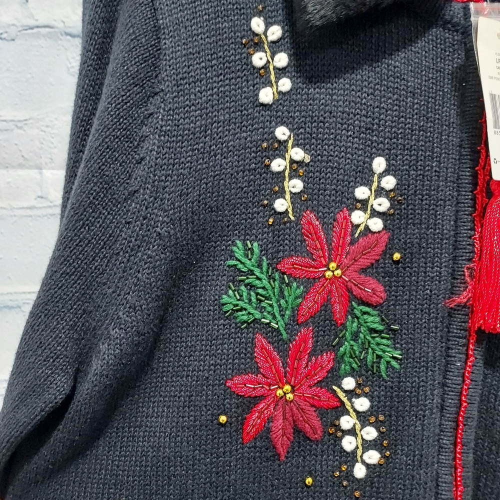 Kim Roger's Christmas Sweater Large Embroidered Poinsettias Removable Collar - Picture 7 of 12